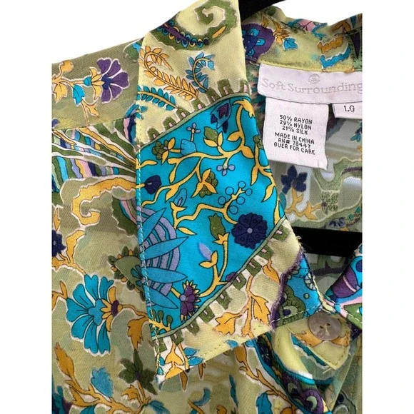 Soft Surroundings Green & Blue Floral Print Long Sleeve Button-Down Shirt Size L - Picture 13 of 16